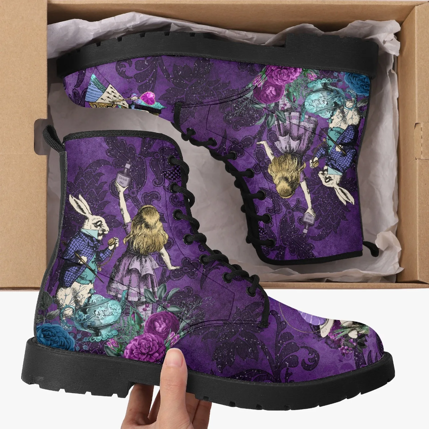 Alice in Wonderland Dark Alice Purple Vegan Leather Combat Boots. (JPREG94)