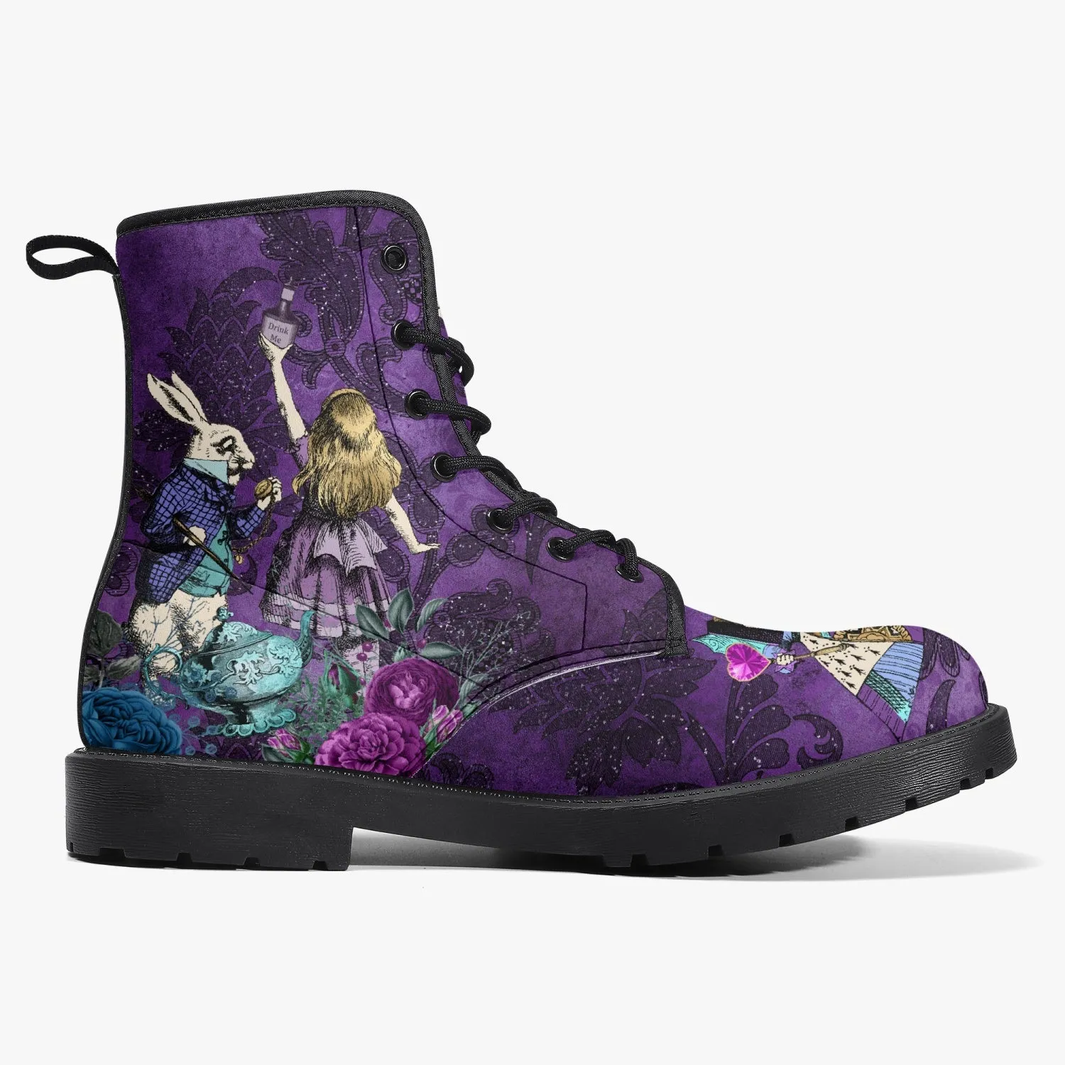 Alice in Wonderland Dark Alice Purple Vegan Leather Combat Boots. (JPREG94)