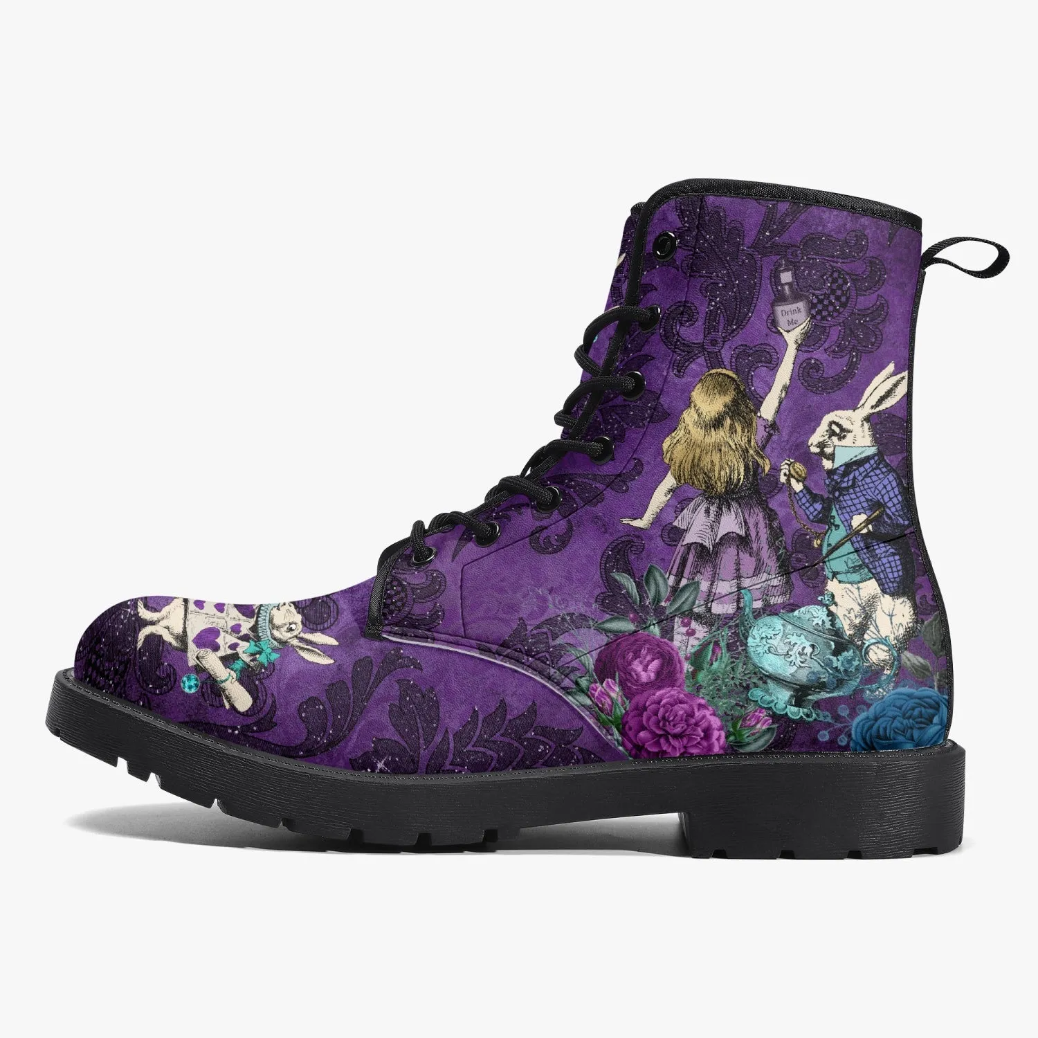 Alice in Wonderland Dark Alice Purple Vegan Leather Combat Boots. (JPREG94)