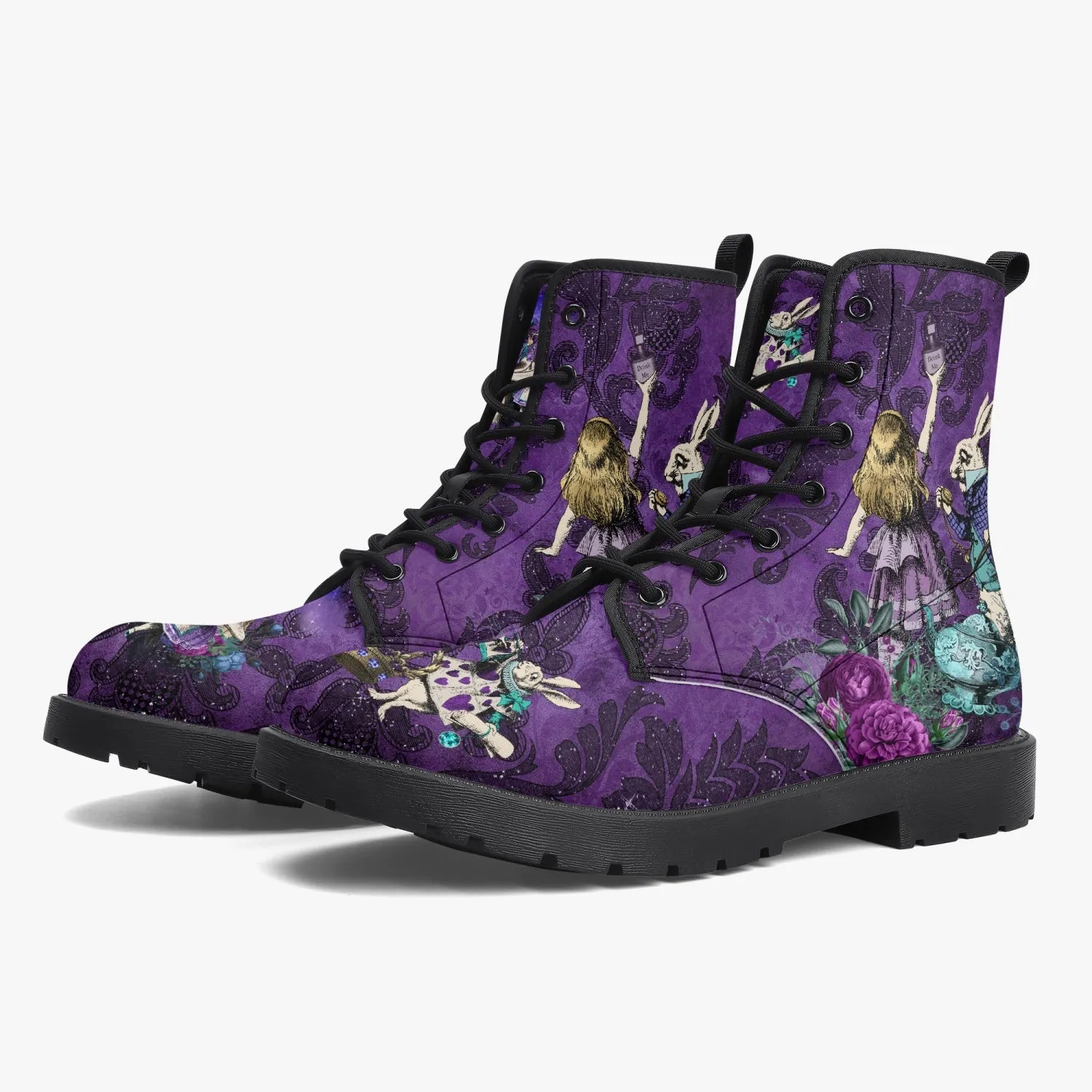 Alice in Wonderland Dark Alice Purple Vegan Leather Combat Boots. (JPREG94)