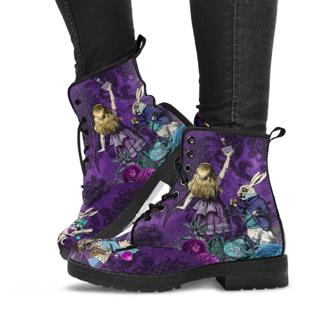 Alice in Wonderland Dark Alice Purple Vegan Leather Combat Boots. (JPREG94)