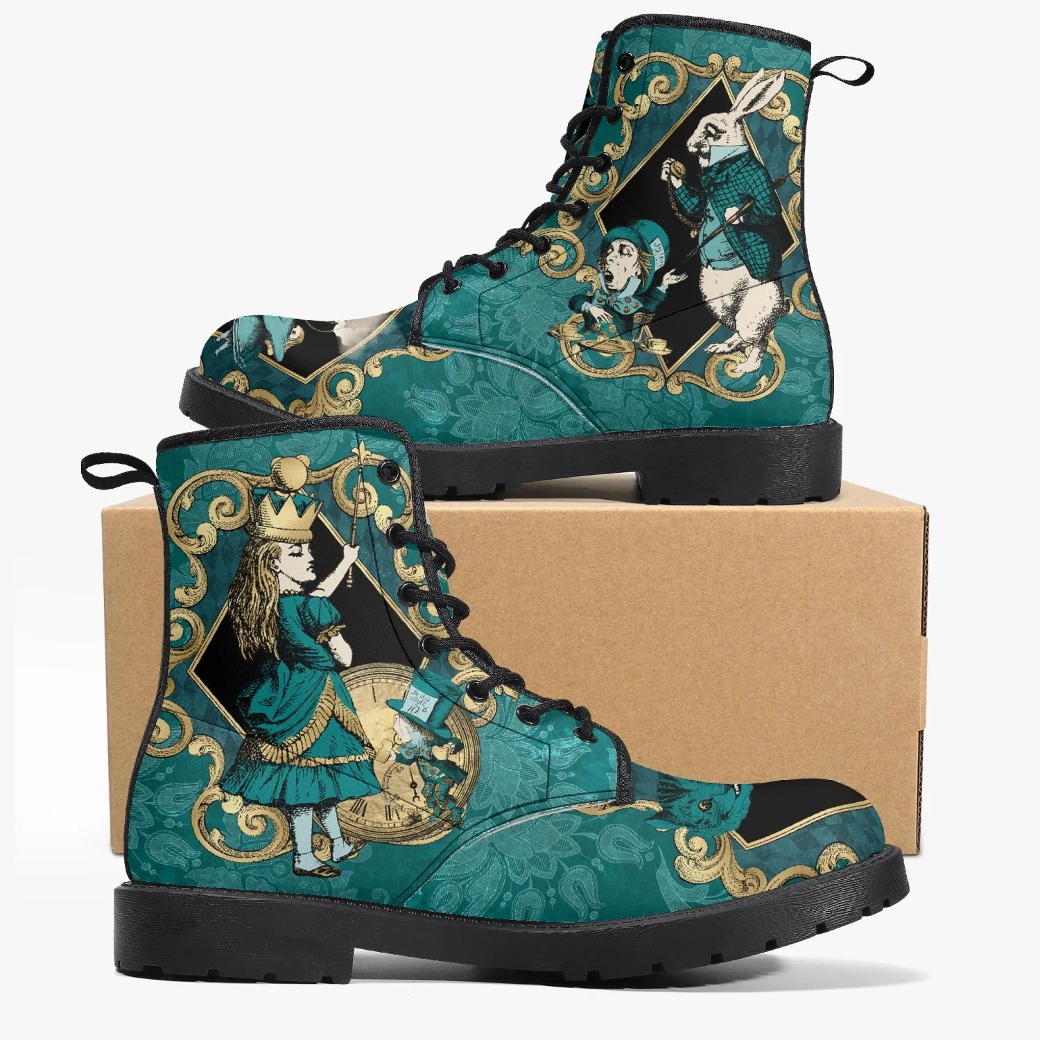 Alice In Wonderland Green and Gold Vegan Leather Combat Boots (JPREGAG1)