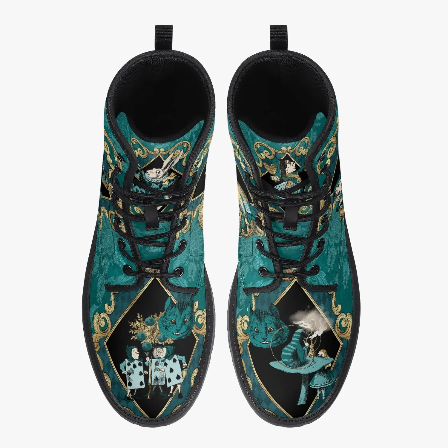 Alice In Wonderland Green and Gold Vegan Leather Combat Boots (JPREGAG1)
