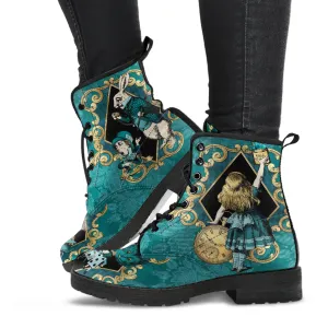 Alice In Wonderland Green and Gold Vegan Leather Combat Boots (JPREGAG1)