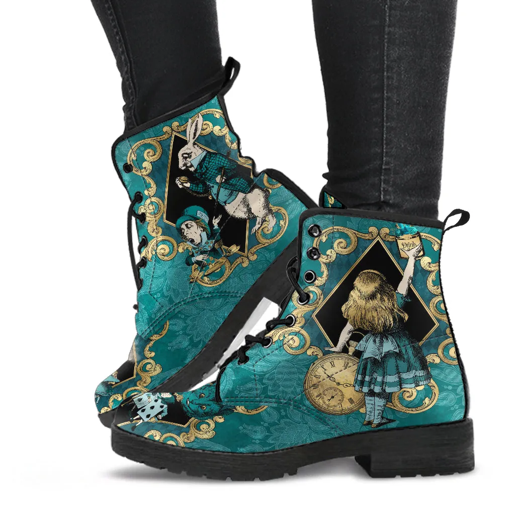 Alice In Wonderland Green and Gold Vegan Leather Combat Boots (JPREGAG1)