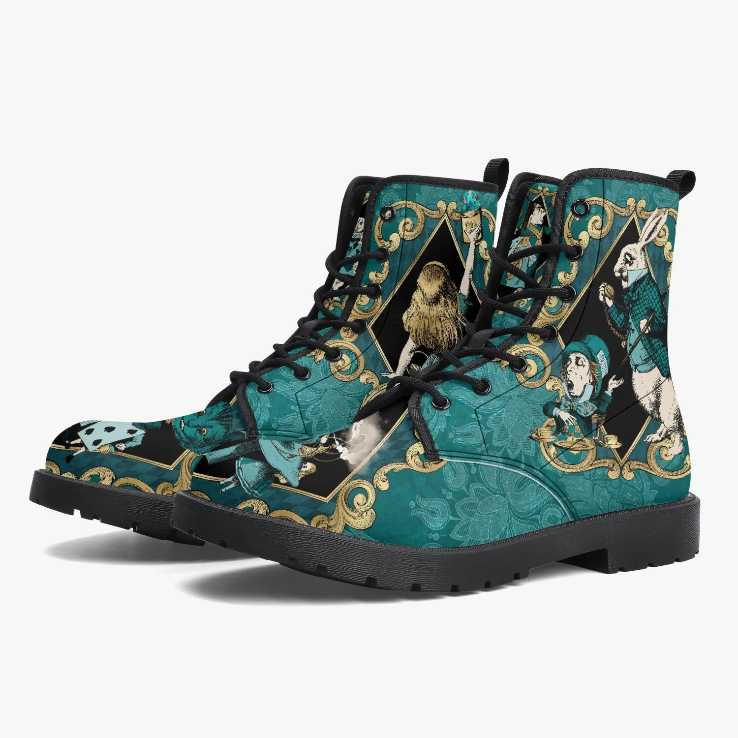 Alice In Wonderland Green and Gold Vegan Leather Combat Boots (JPREGAG1)