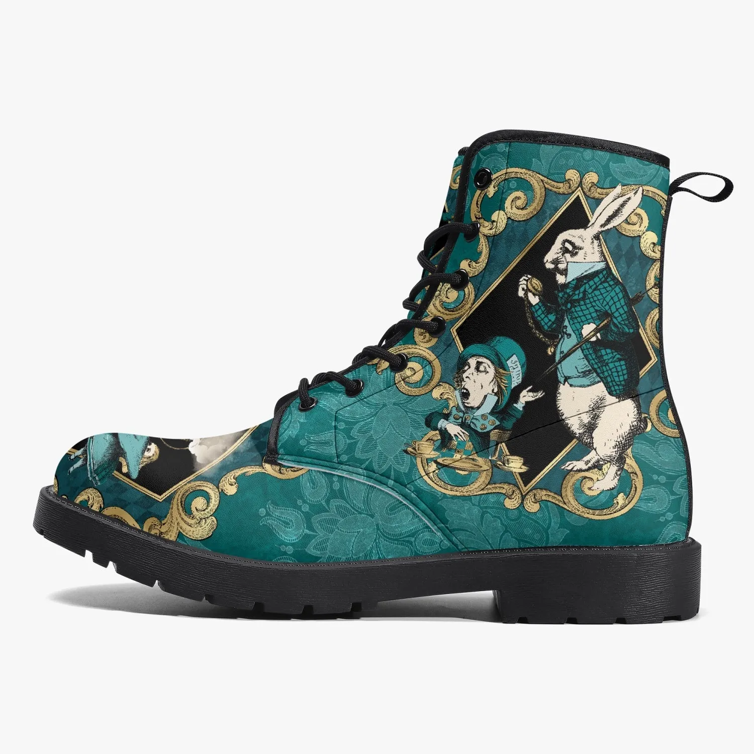 Alice In Wonderland Green and Gold Vegan Leather Combat Boots (JPREGAG1)