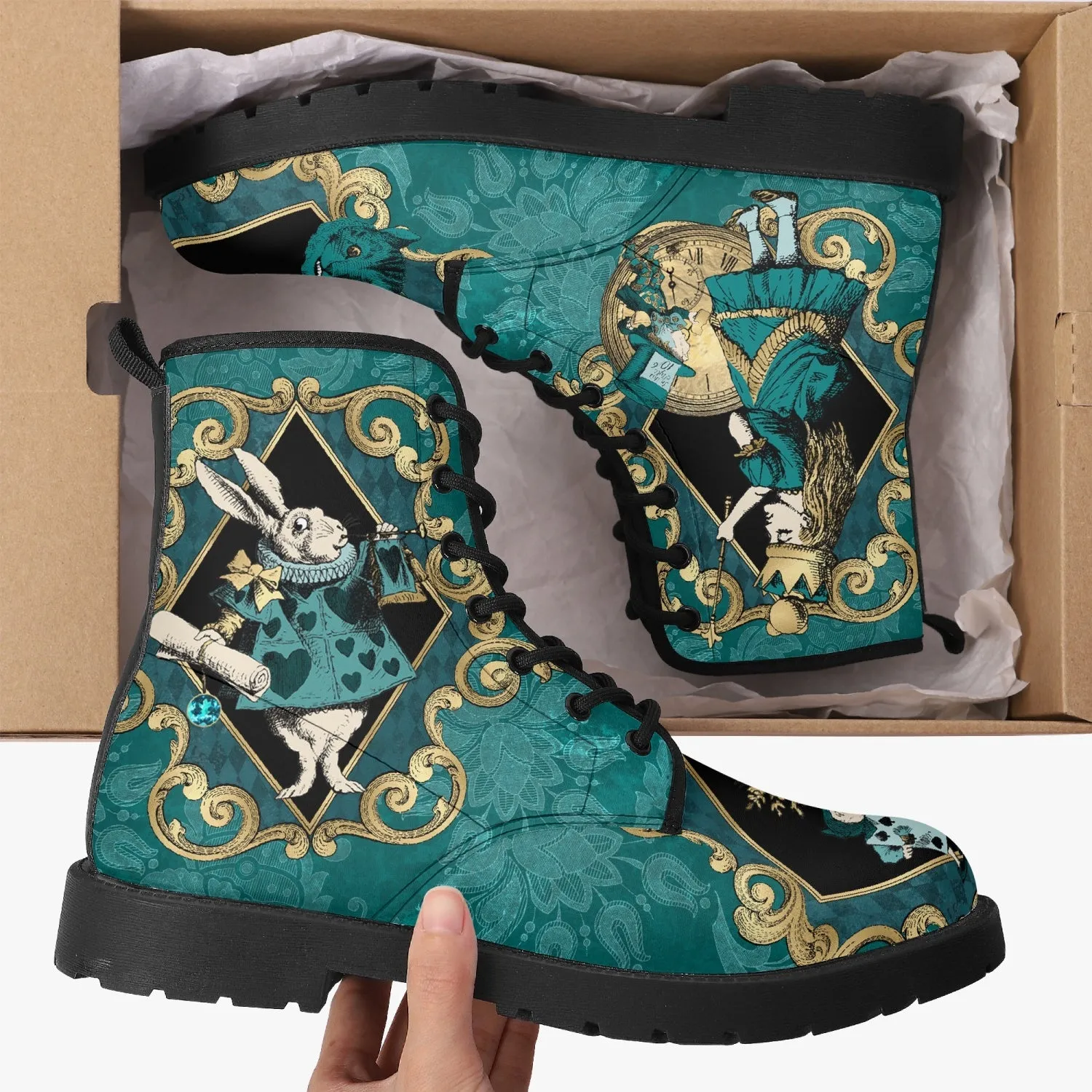 Alice In Wonderland Green and Gold Vegan Leather Combat Boots (JPREGAG1)