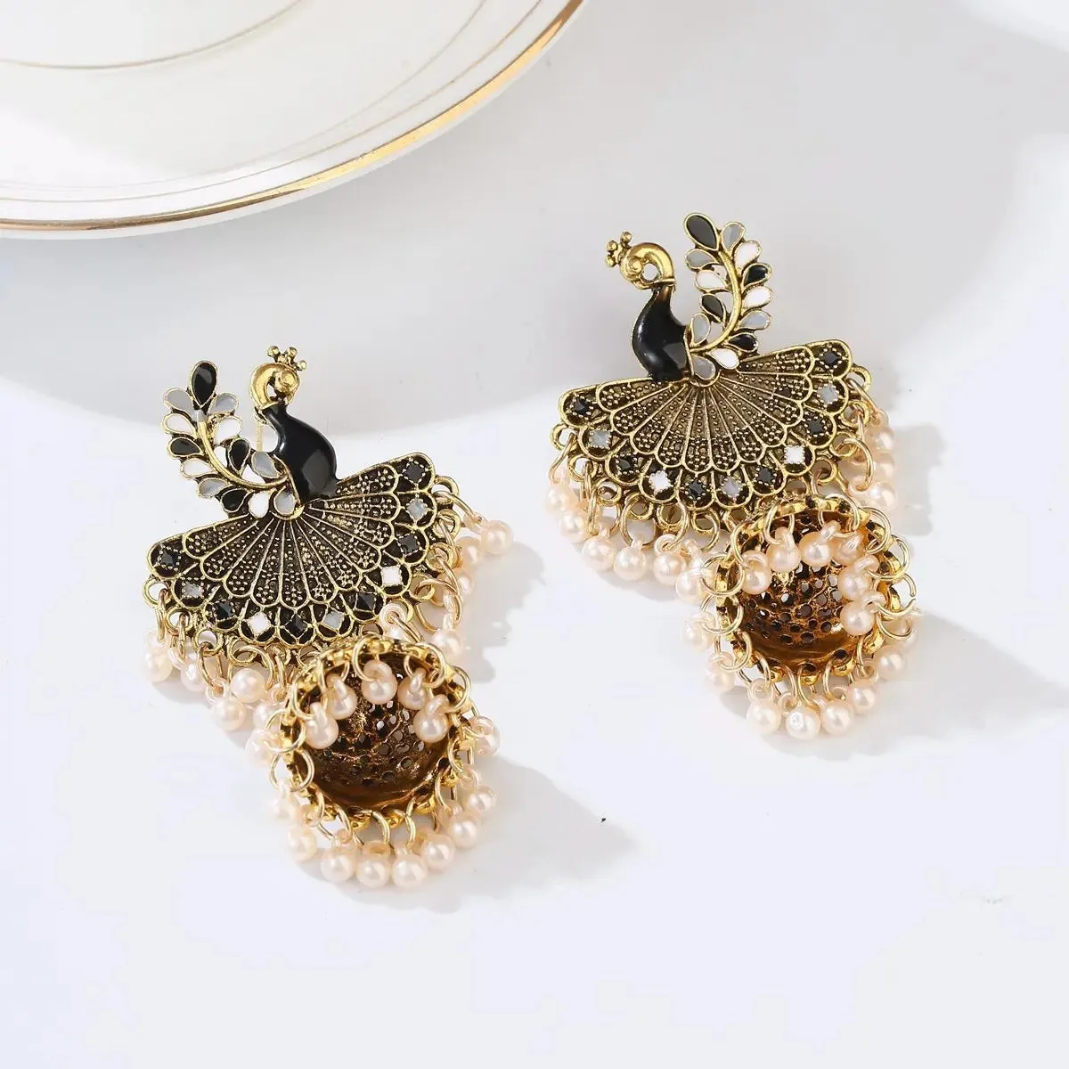Antique Style Peacock Gold Beaded Ball Dangle Earrings (E834)