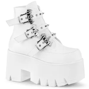 ASHES-55 Demoniacult Alternative Footwear Bat Detail White Chunky Platform Ankle Boots