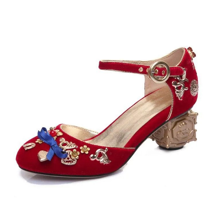 Cute Suede Embellished Round Toe Chunky Heel Sandals