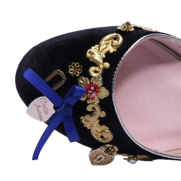 Cute Suede Embellished Round Toe Chunky Heel Sandals