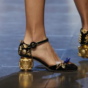 Cute Suede Embellished Round Toe Chunky Heel Sandals