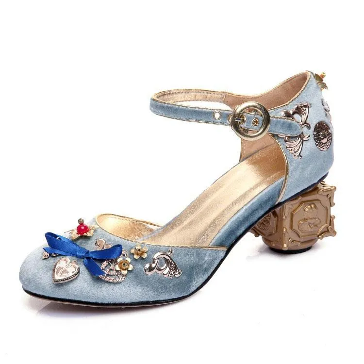 Cute Suede Embellished Round Toe Chunky Heel Sandals