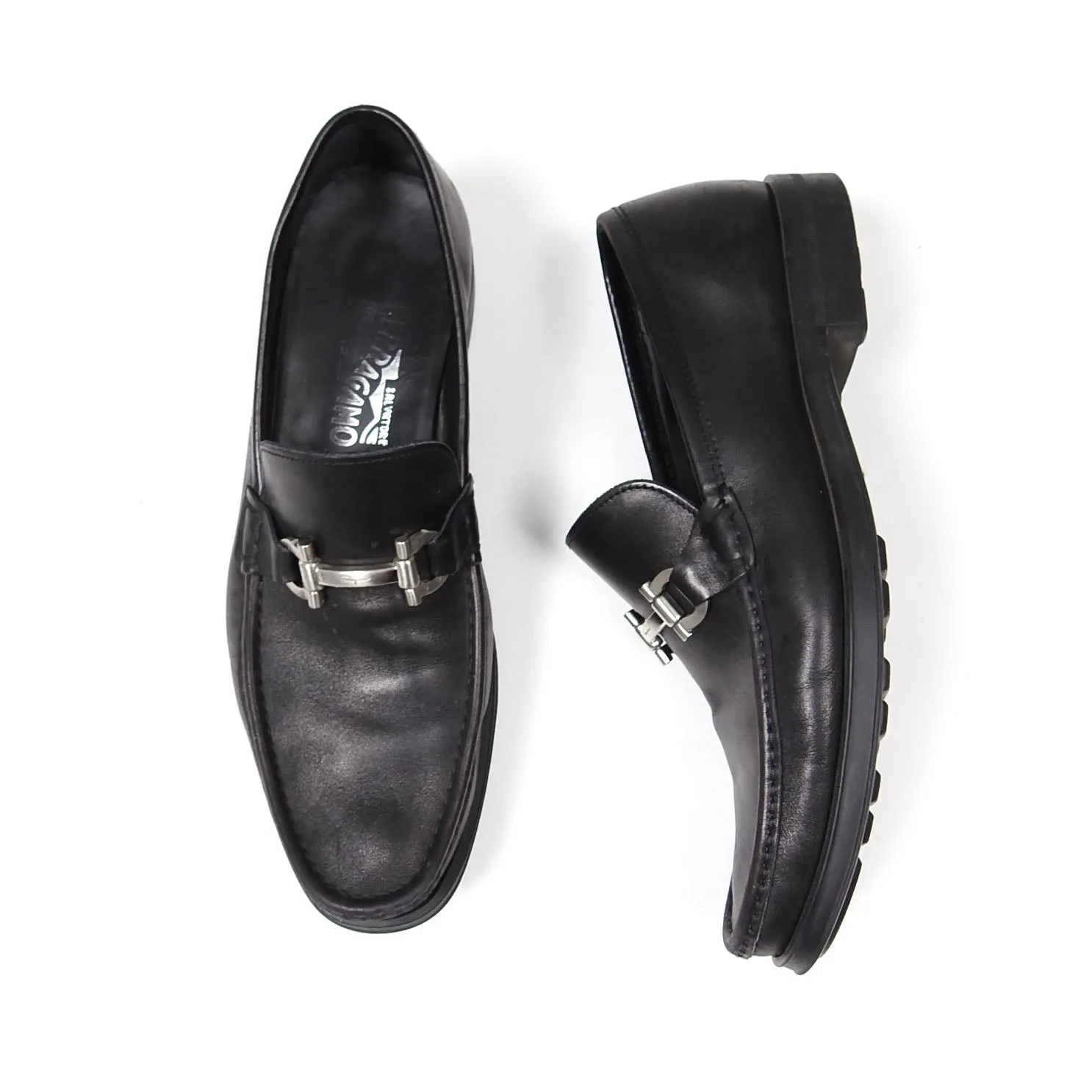 Ferragamo Black Leather Loafers Size 9.5