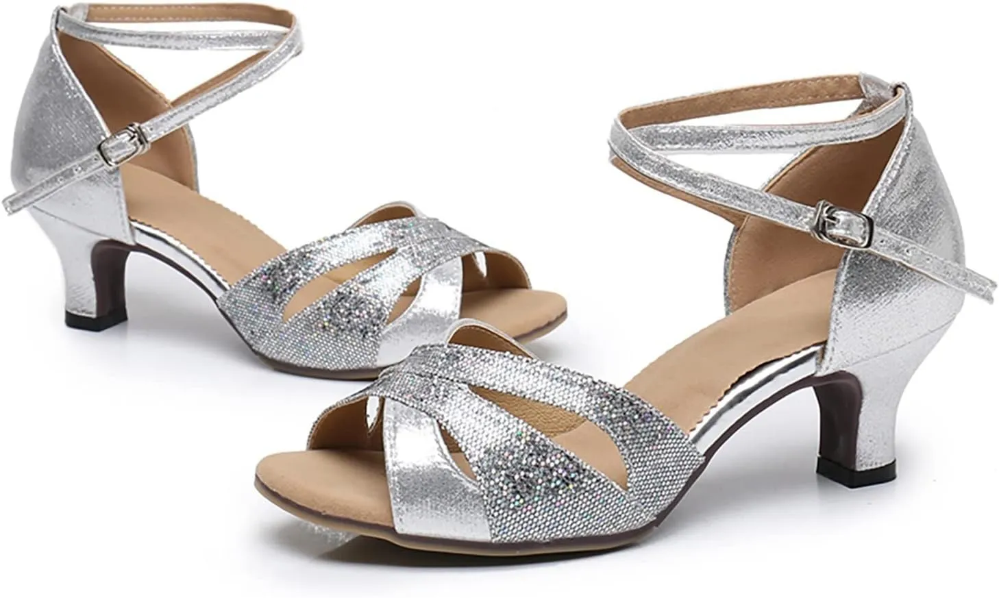 Hbeylia Women's Dance Shoes Glittering Crisscross Latin Salsa Bachata Tango Practice Ballroom Dancing Shoes Low Block Wedding Performance Dress Shoes with Soft Suede Sole