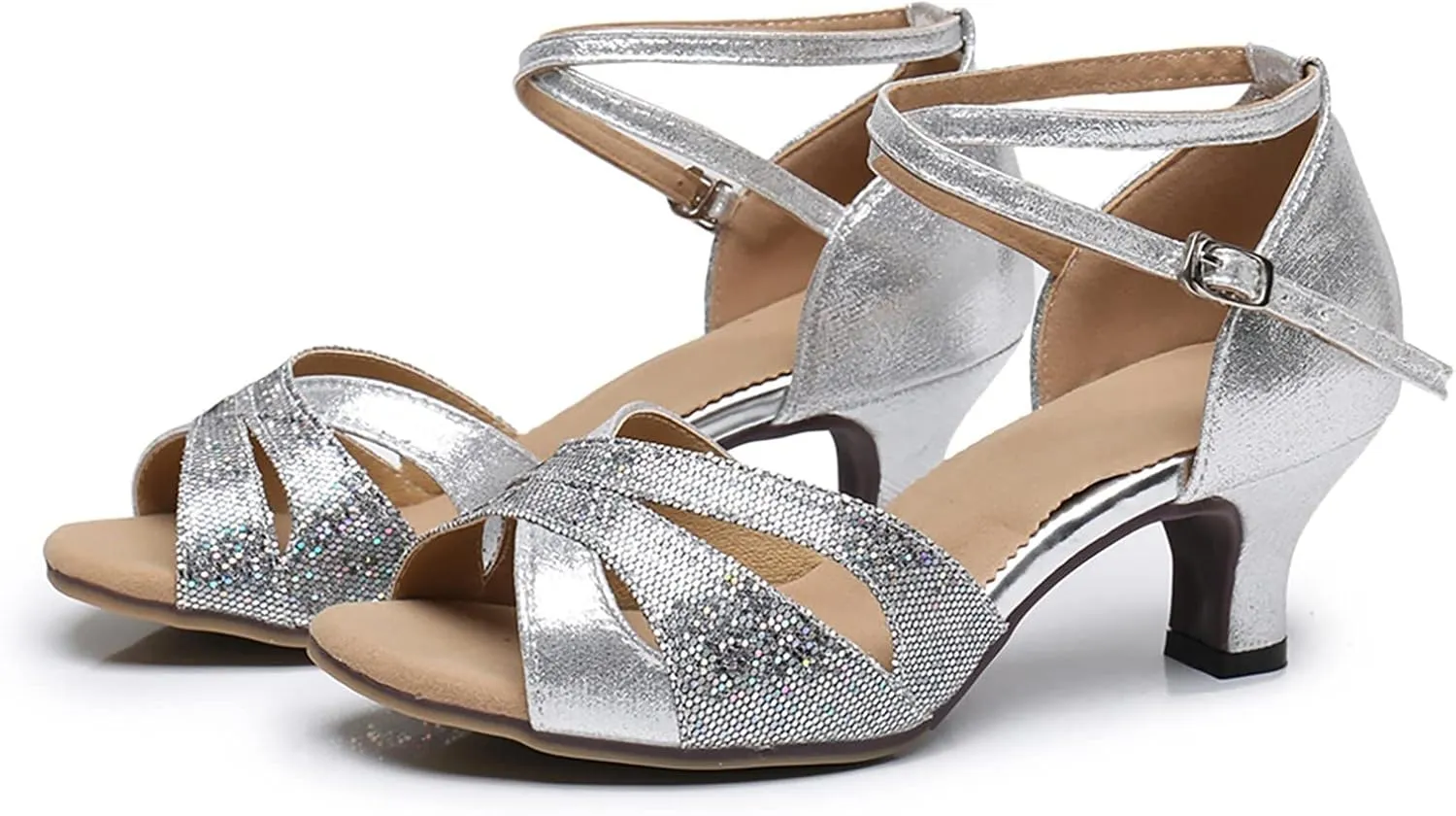 Hbeylia Women's Dance Shoes Glittering Crisscross Latin Salsa Bachata Tango Practice Ballroom Dancing Shoes Low Block Wedding Performance Dress Shoes with Soft Suede Sole