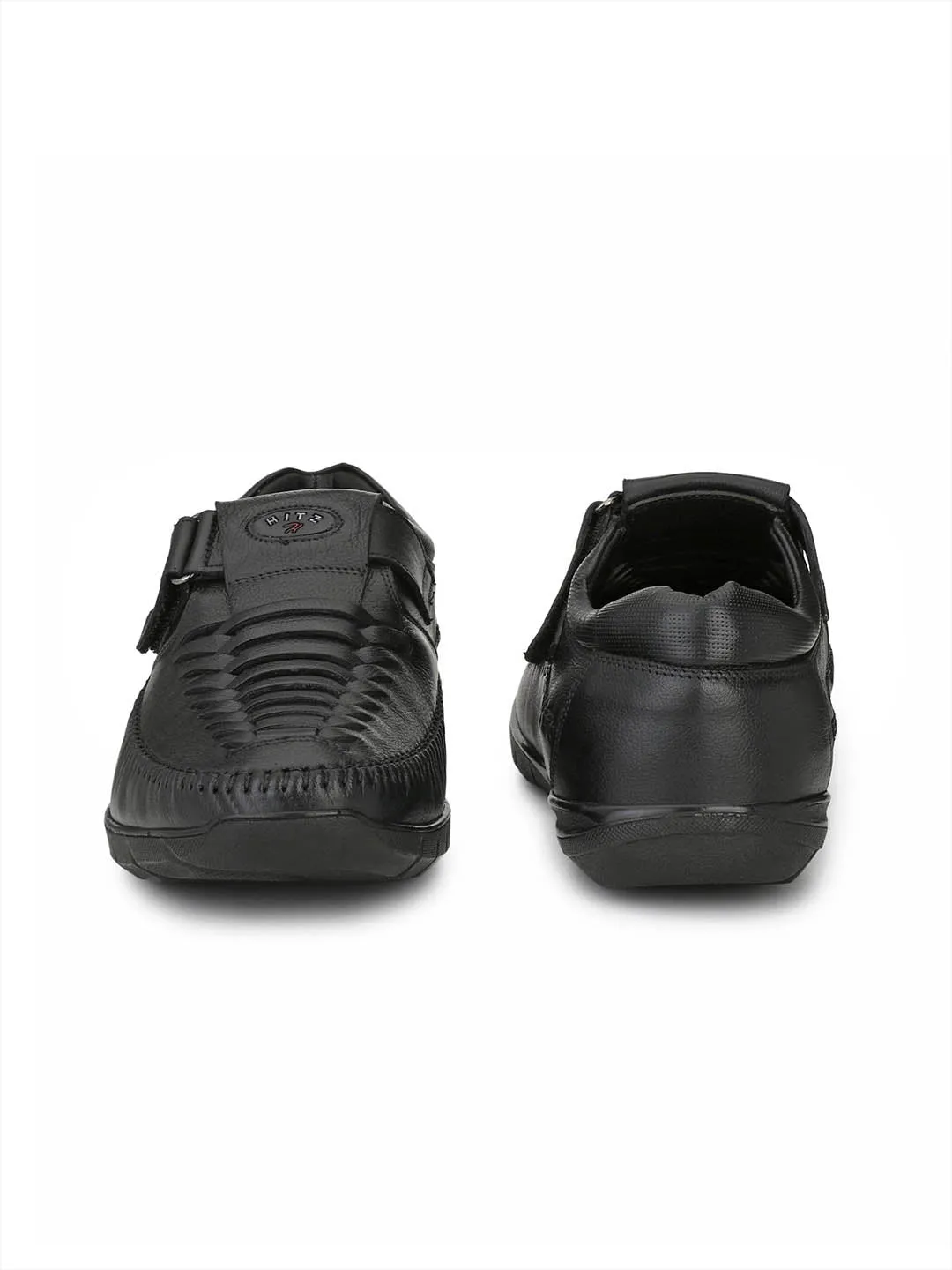 HITZ9001 Men's Black Leather Casual Velcro Sandals