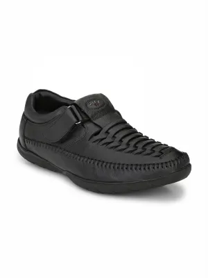 HITZ9001 Men's Black Leather Casual Velcro Sandals