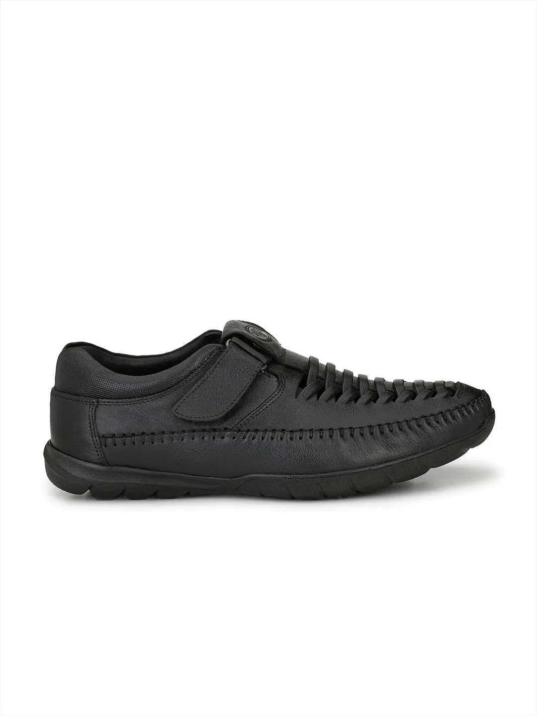 HITZ9001 Men's Black Leather Casual Velcro Sandals