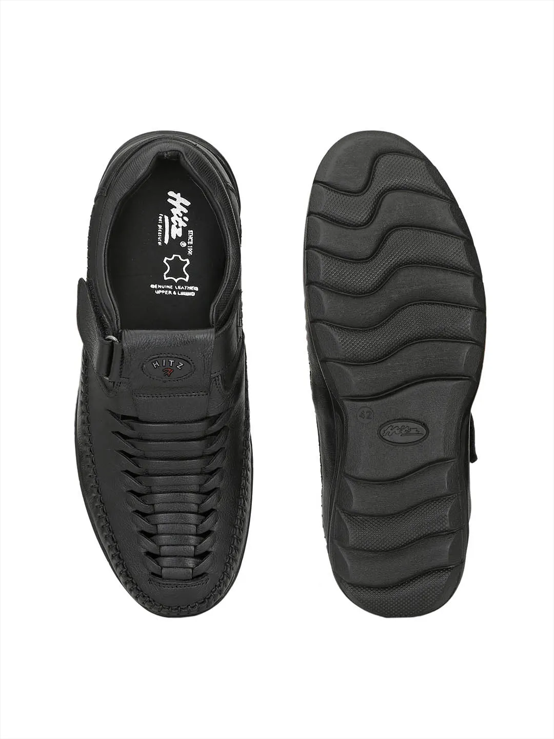HITZ9001 Men's Black Leather Casual Velcro Sandals