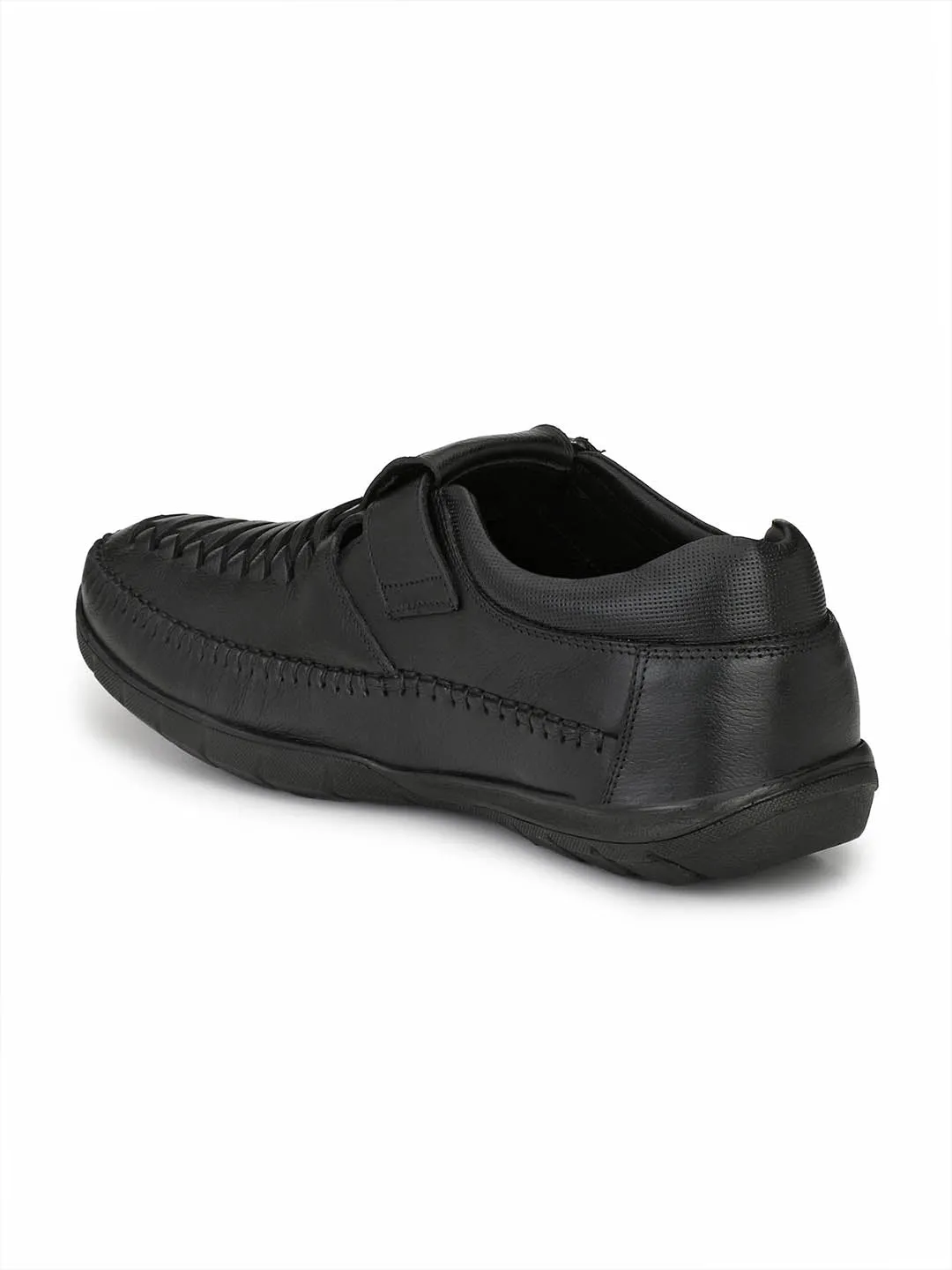 HITZ9001 Men's Black Leather Casual Velcro Sandals