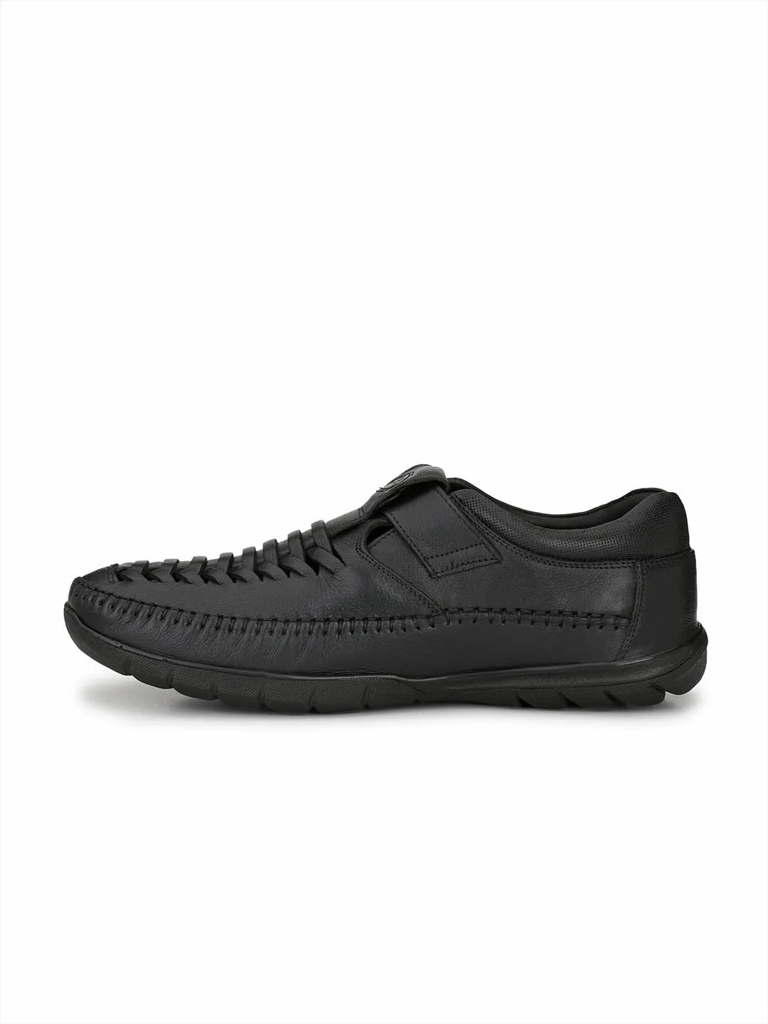 HITZ9001 Men's Black Leather Casual Velcro Sandals