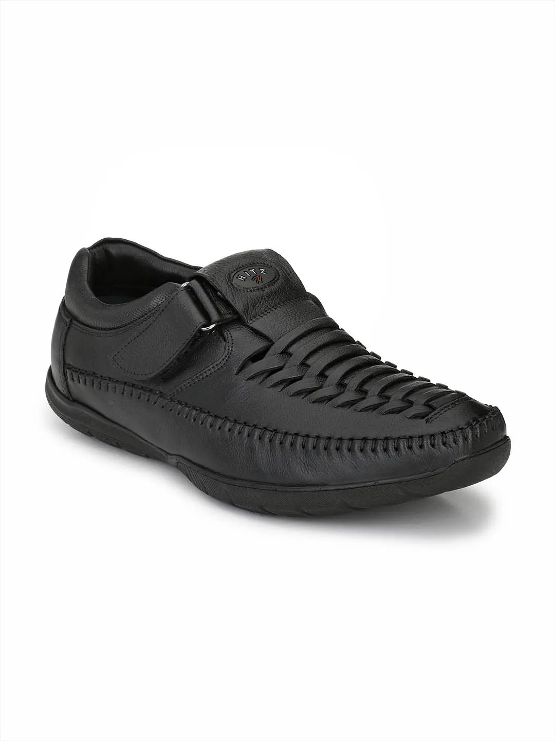HITZ9001 Men's Black Leather Casual Velcro Sandals