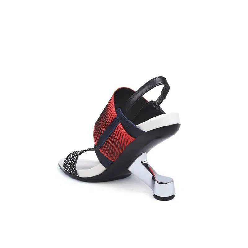 Leather Open Toe Color Block Special Shaped Heel Sandals