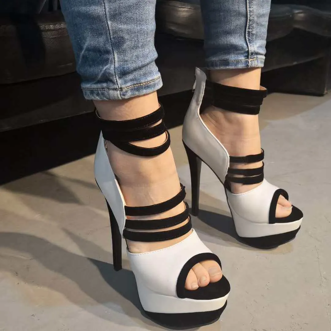 Leather Platform Peep Toe Zipper High Heel Sandals