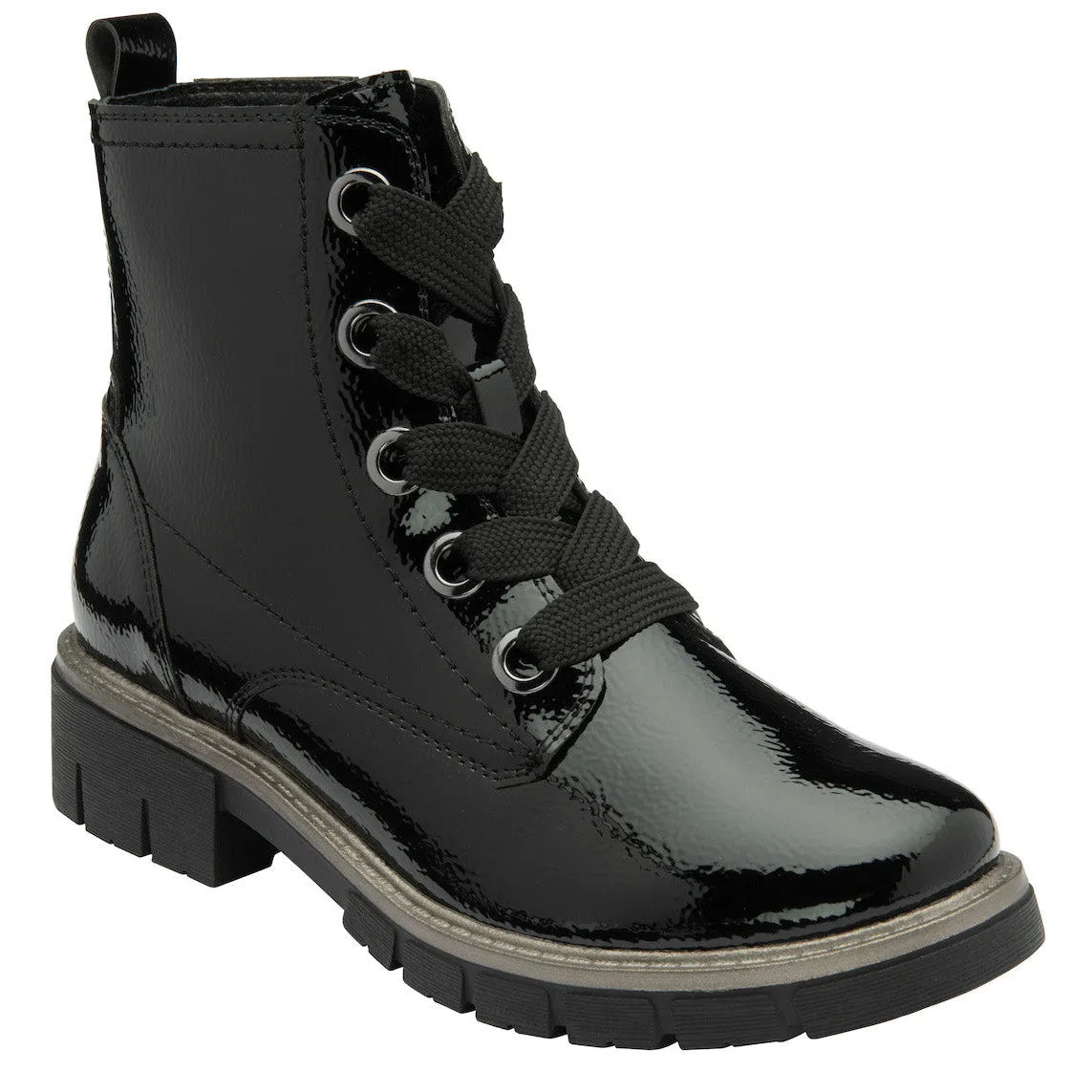 Lotus Jojo Ladies Black Patent Zip & Lace Ankle Boots