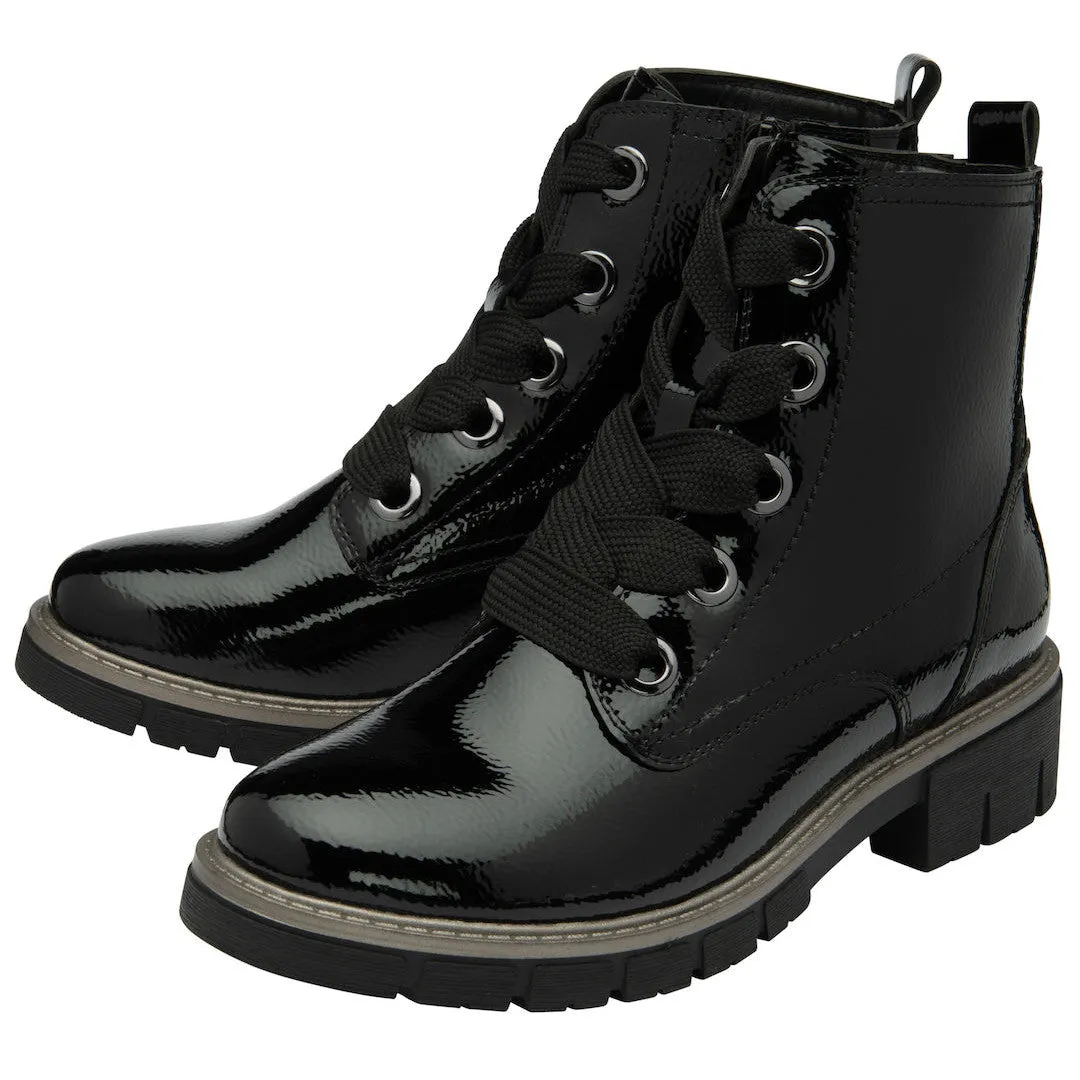 Lotus Jojo Ladies Black Patent Zip & Lace Ankle Boots