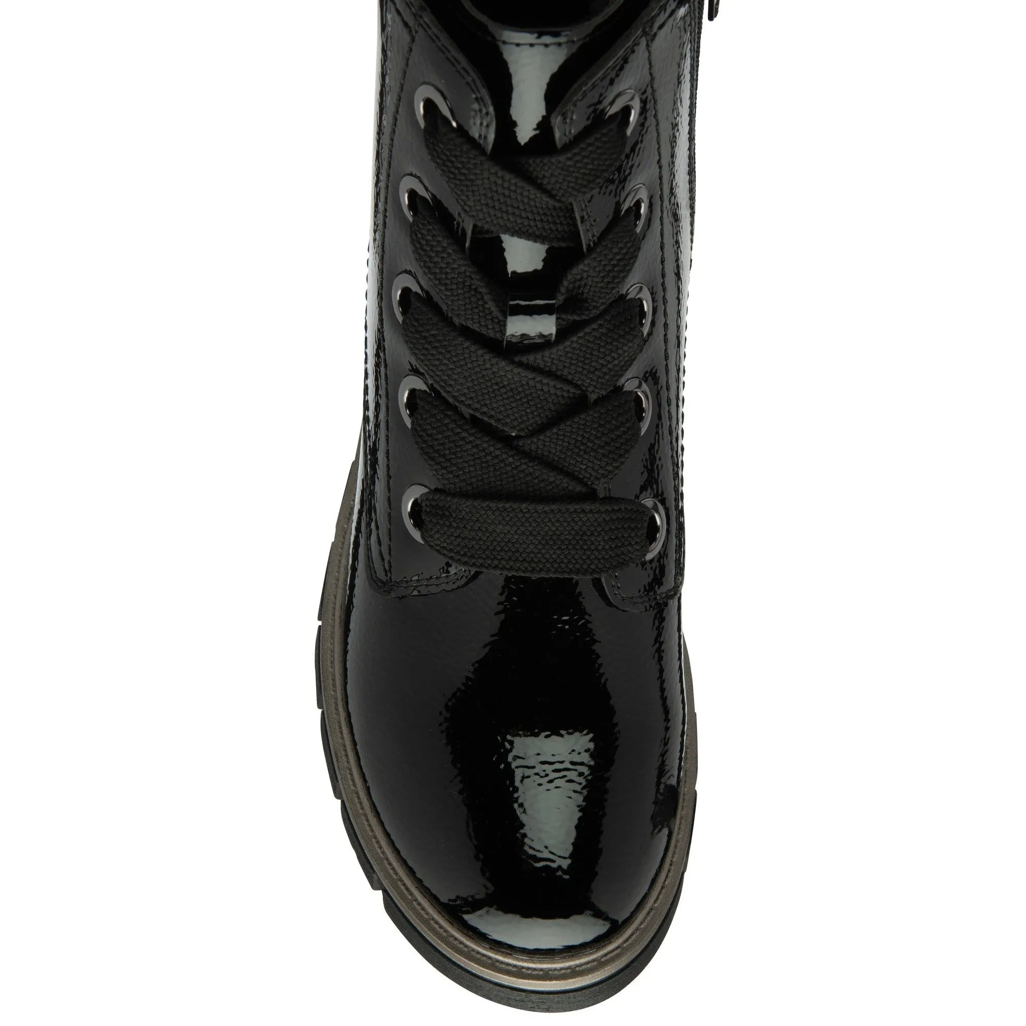 Lotus Jojo Ladies Black Patent Zip & Lace Ankle Boots