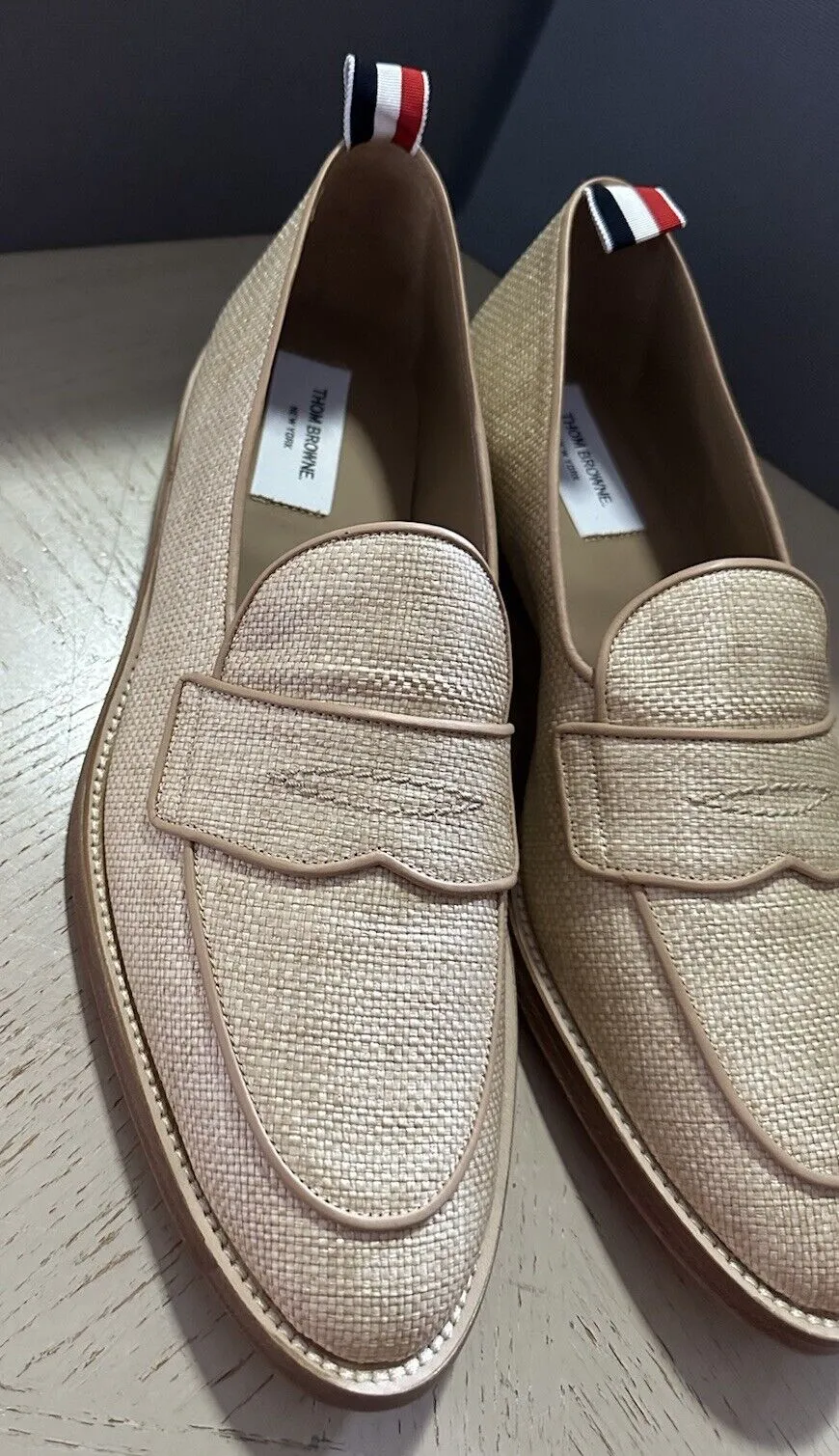 NIB $850 Thom Browne Men Textured Penny Loafers Shoes Natural 12 US/45 EU Italy