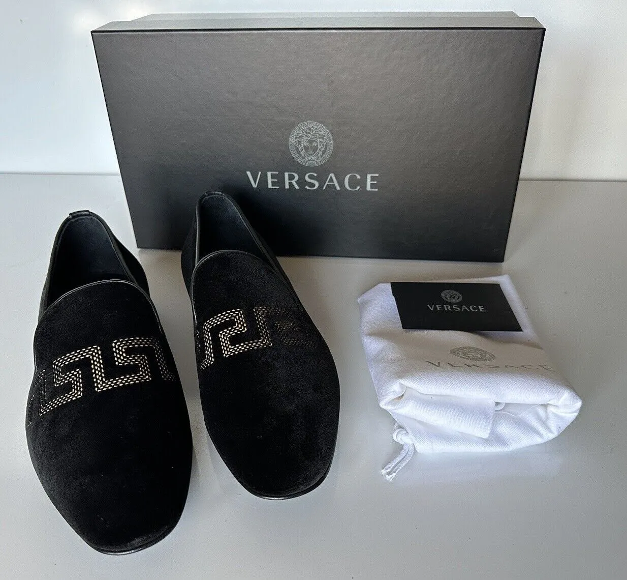NIB $850 VERSACE Greca Men's Suede Black Loafers Shoes 6 US (39 Euro) IT 1003792