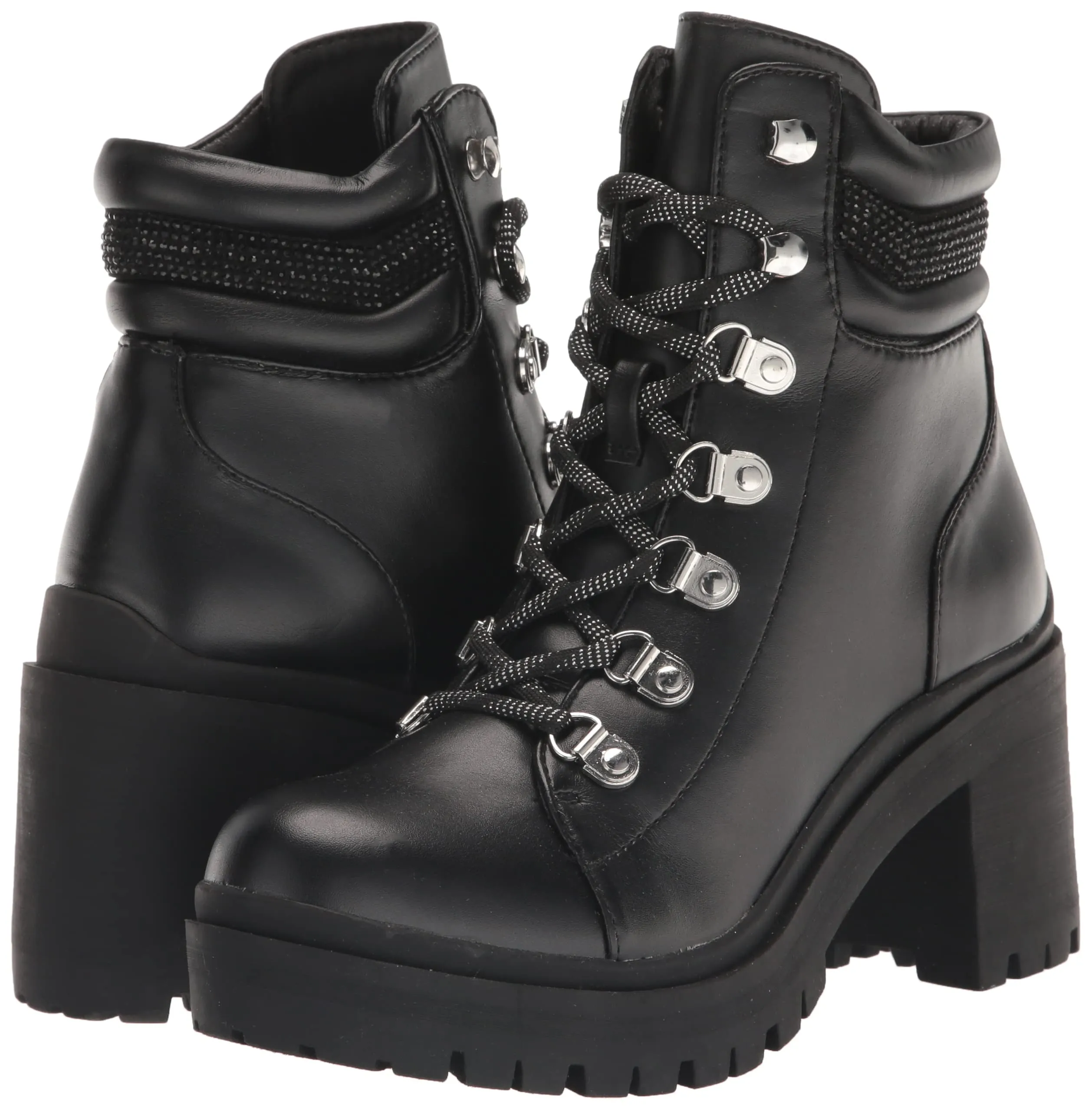 Nine West Qwork3 Black2 Leather Fashion Lace Up Rounded Toe Heeled Ankle Boots
