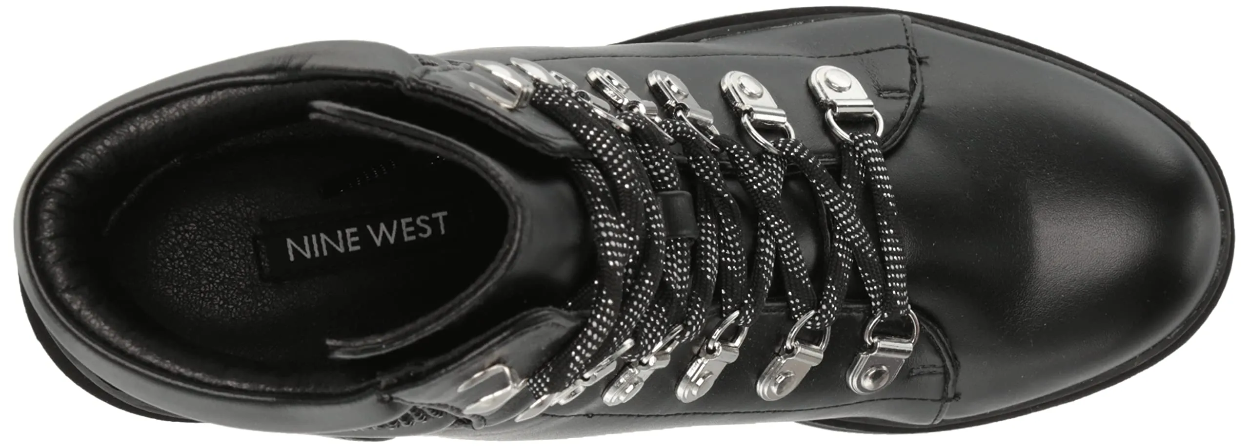 Nine West Qwork3 Black2 Leather Fashion Lace Up Rounded Toe Heeled Ankle Boots