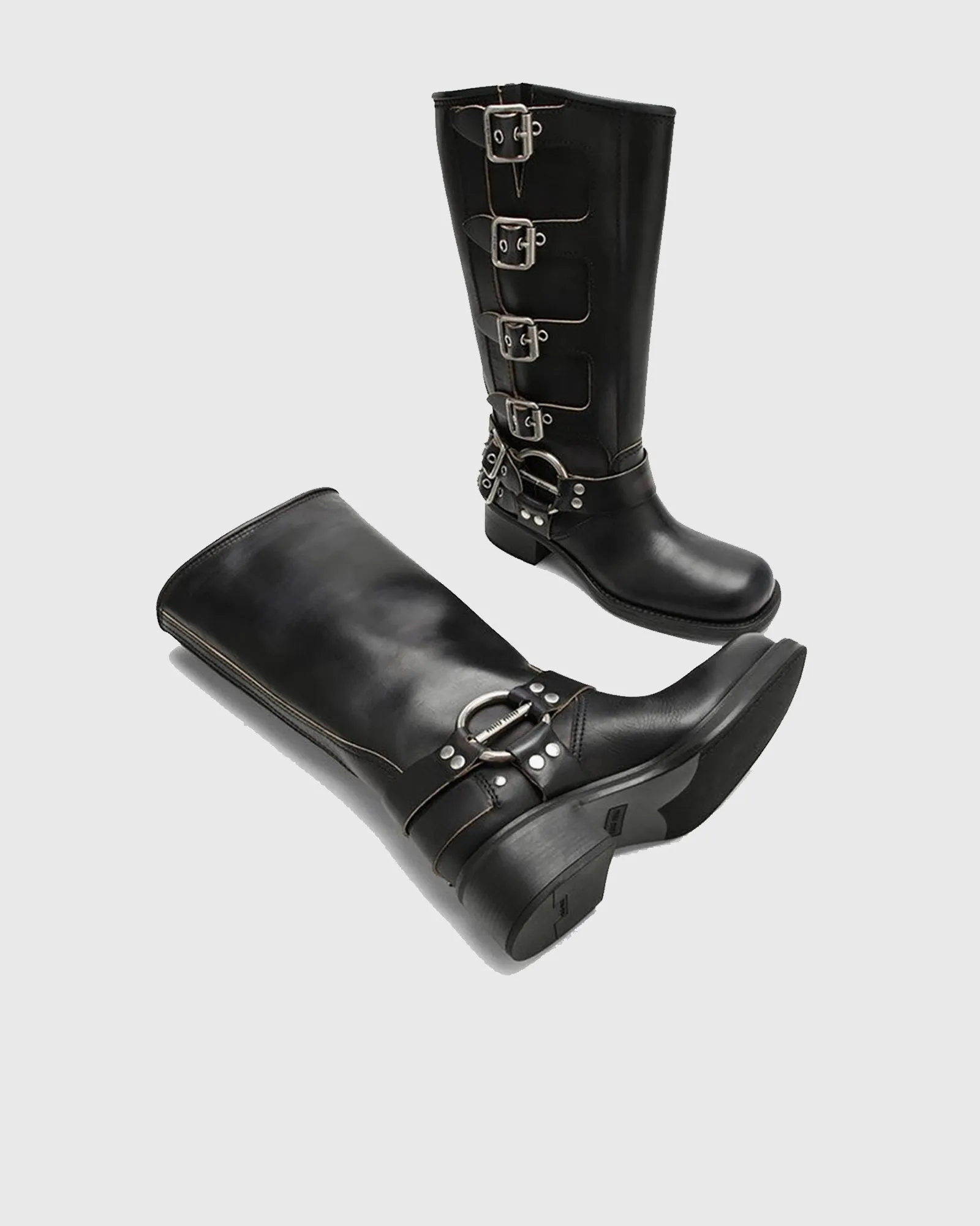 Ninetta Buckle Leather Knee High Boots In Black