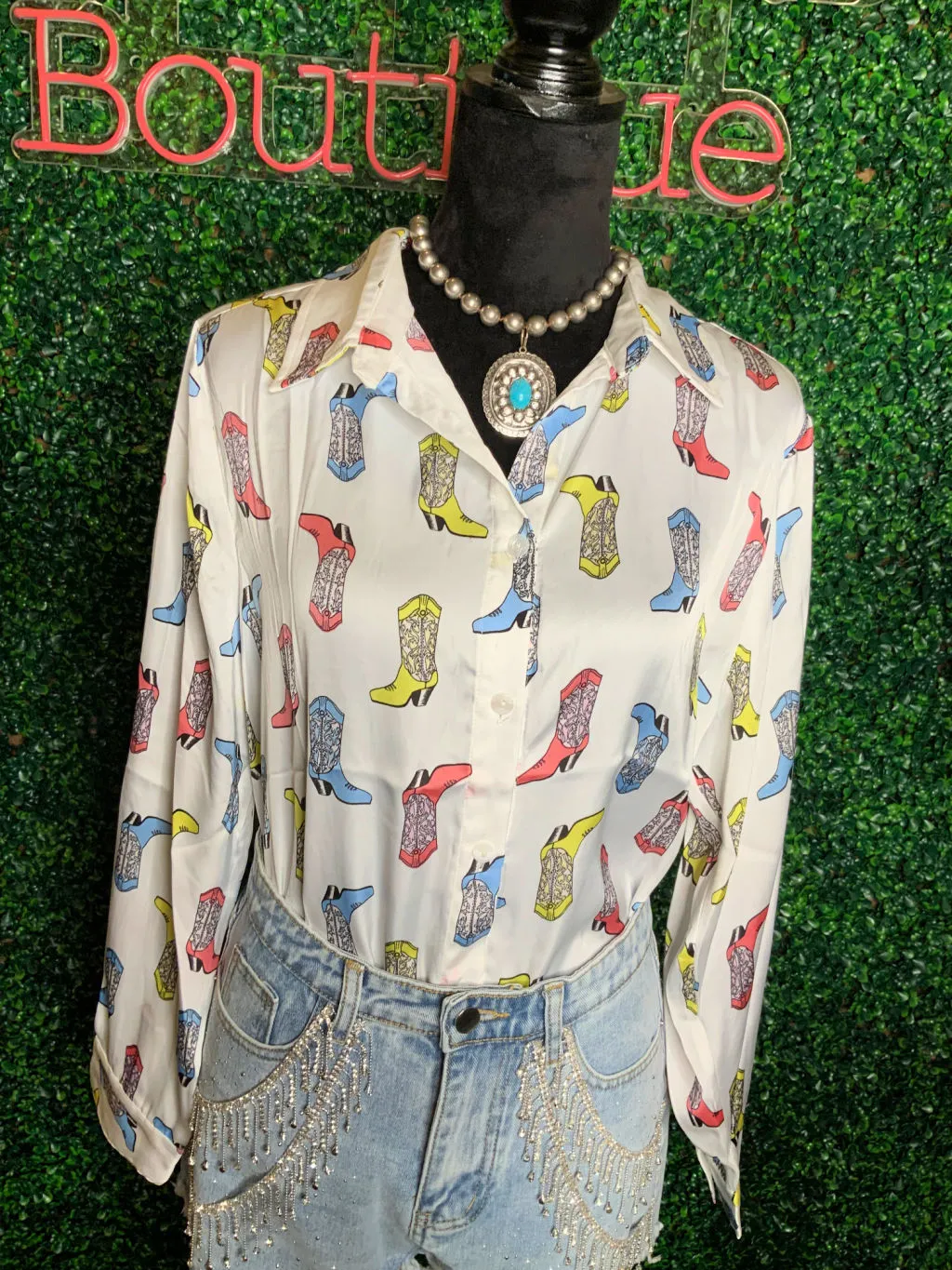 Satin Cowboy Boots Print Blouse