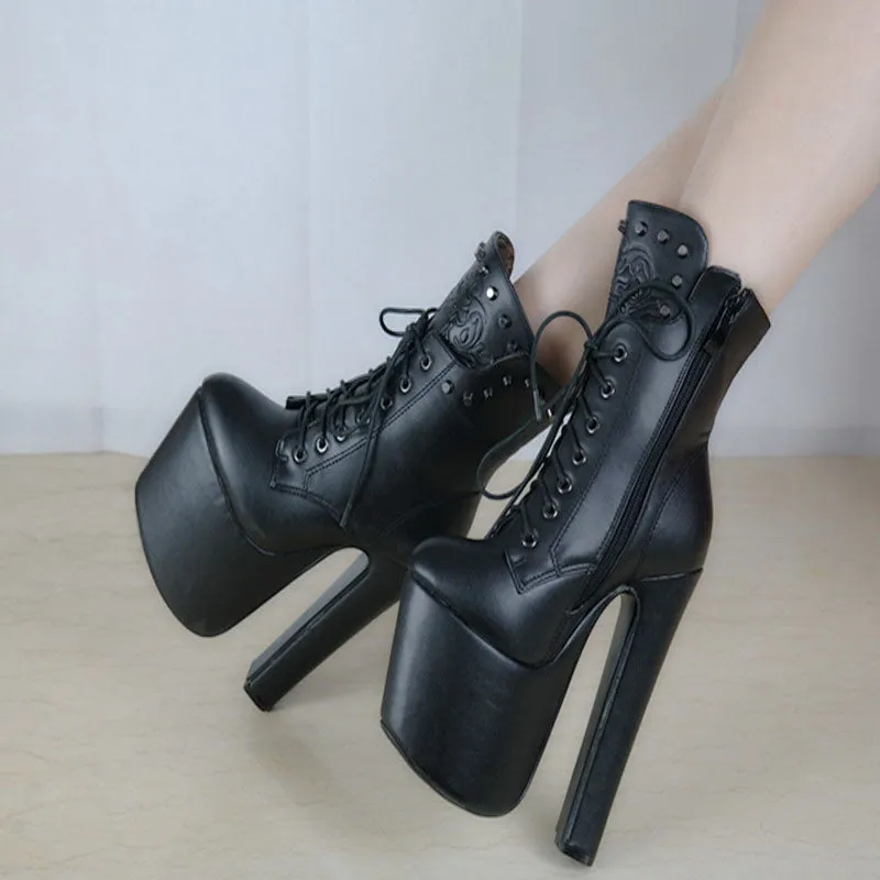 Suede Pure color Lace-Up Rivets Zipper Chunky Heel Round Toe High Heels