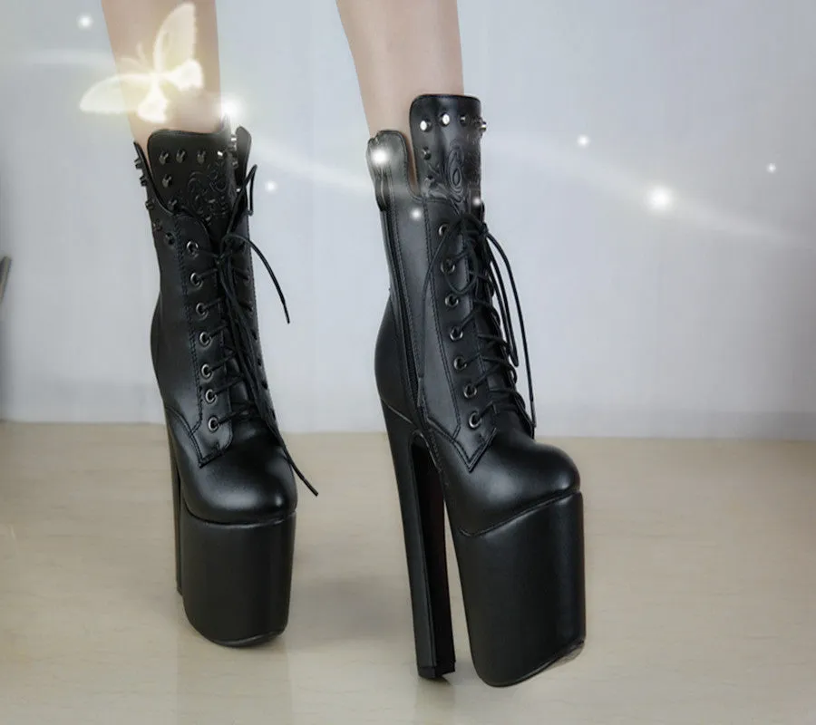 Suede Pure color Lace-Up Rivets Zipper Chunky Heel Round Toe High Heels
