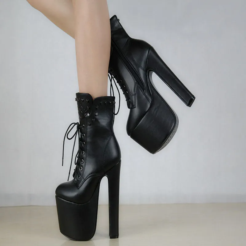 Suede Pure color Lace-Up Rivets Zipper Chunky Heel Round Toe High Heels
