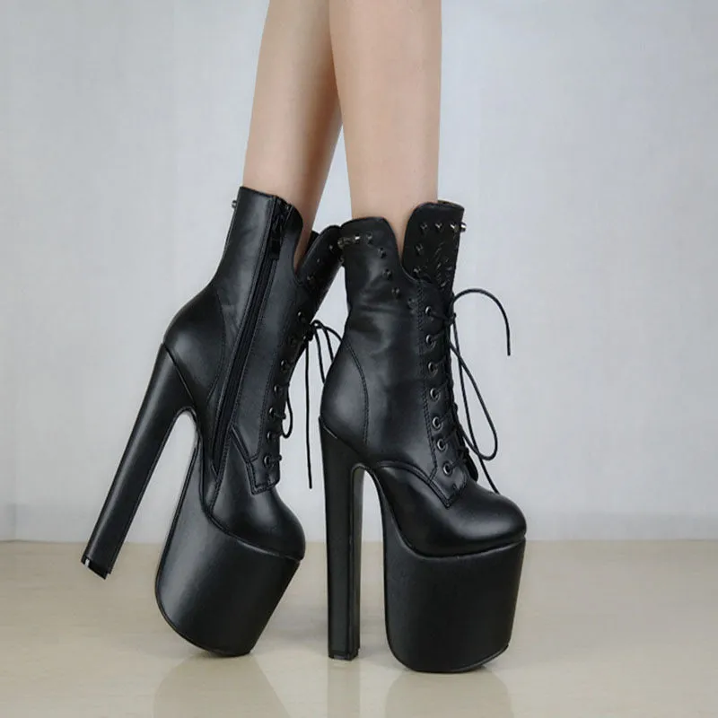 Suede Pure color Lace-Up Rivets Zipper Chunky Heel Round Toe High Heels