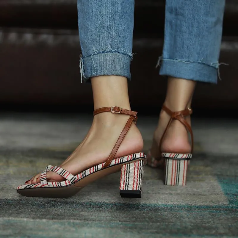 Summer Open Toe Stripes Chunky Heel Sandals