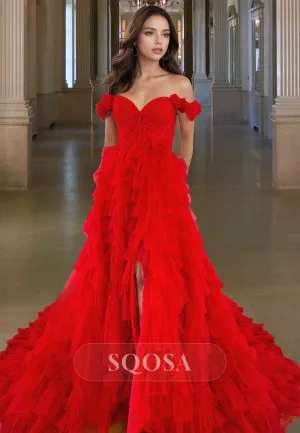 Sweetheart Off-Shoulder Sleeveless Formal Gowns Applique Pleated Tulle Tiered A-Line Prom Dress