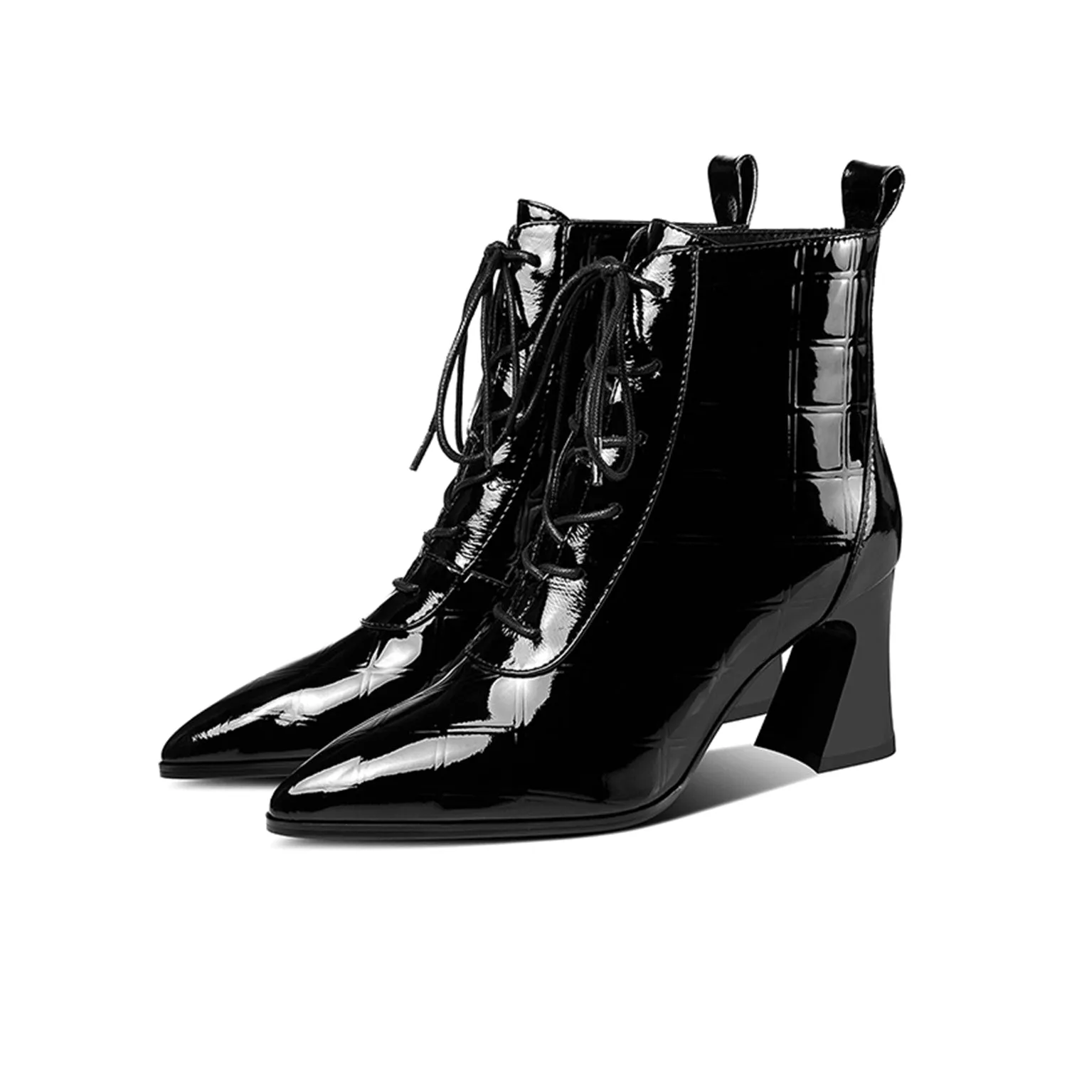 TinaCus Women's Patent Leather Handmade Pointed Toe Stylish Spool Heel Lace Up Checkered Ankle Booties