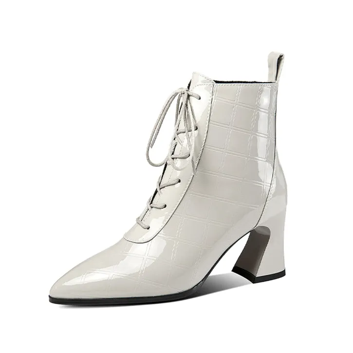 TinaCus Women's Patent Leather Handmade Pointed Toe Stylish Spool Heel Lace Up Checkered Ankle Booties
