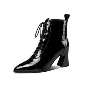 TinaCus Women's Patent Leather Handmade Pointed Toe Stylish Spool Heel Lace Up Checkered Ankle Booties