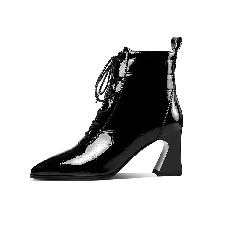 TinaCus Women's Patent Leather Handmade Pointed Toe Stylish Spool Heel Lace Up Checkered Ankle Booties