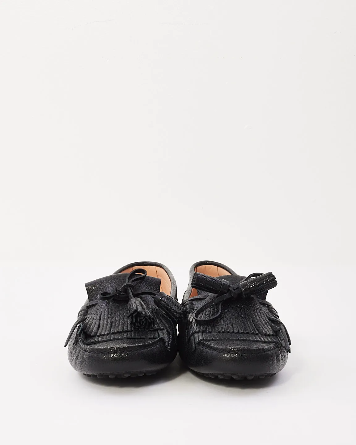 Tods Black Leather Fringe Loafers - 39